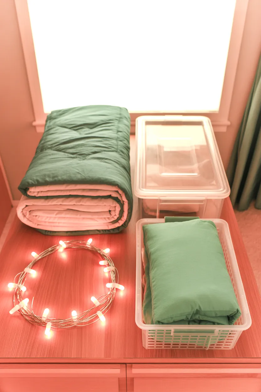 Flatlay of dorm room move-in essentials, including folded extra-long twin bedding, storage bins, string lights, and a shower caddy, styled in warm terracotta and sage tones