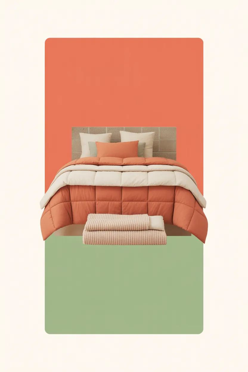 Neatly made dorm bed with extra-long twin sheets, a layered comforter, two pillows, and a folded knit throw blanket in warm terracotta and cream tones