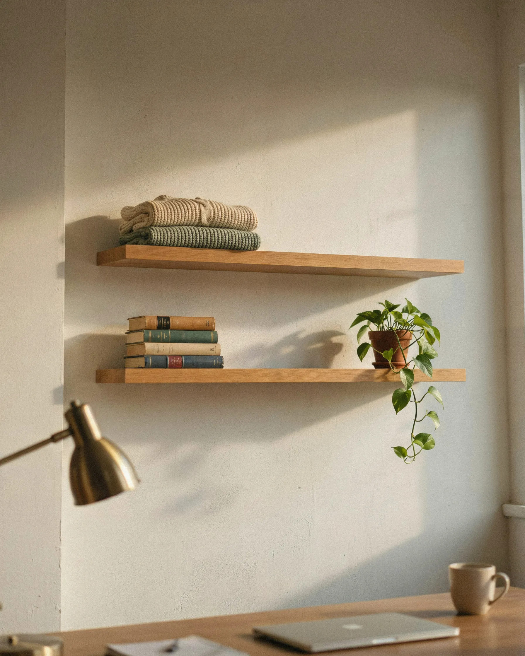 Two floating wood shelves above a dorm desk holding folded sweaters, books, and a potted plant